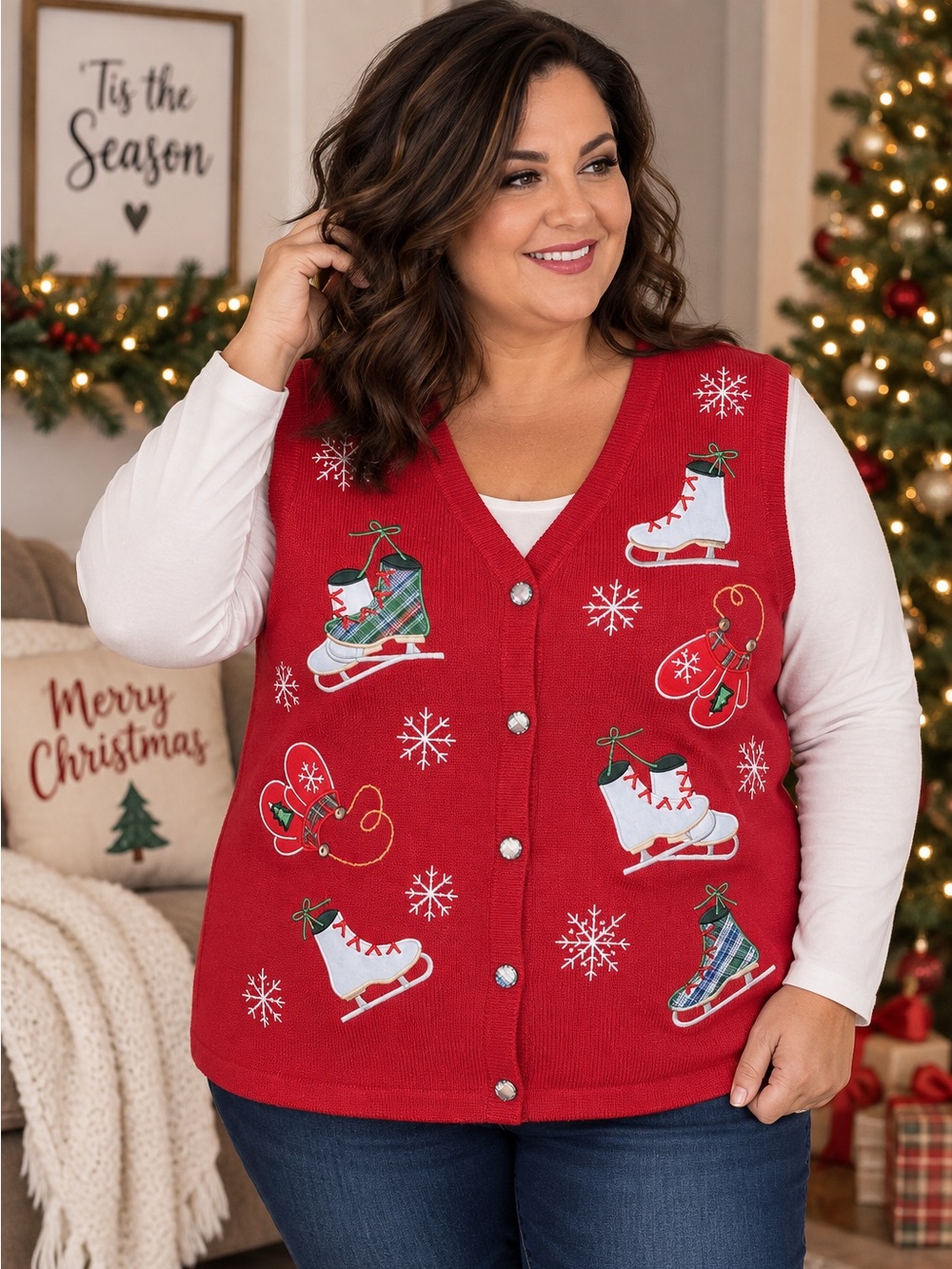 Vintage Y2K Basic Editions Christmas Sweater Vest Womens 2X Ice Skates Snowflake